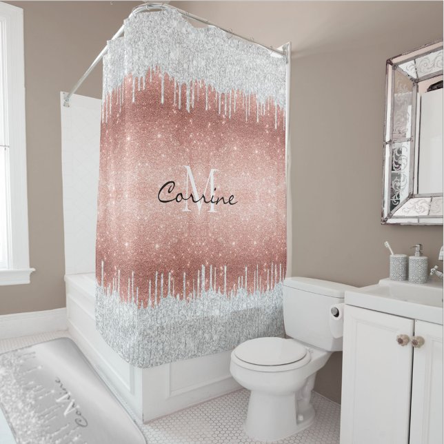 Monogram Rose Gold Ombre Glitter Silver Icing Drip Shower Curtain (Creator Uploaded)
