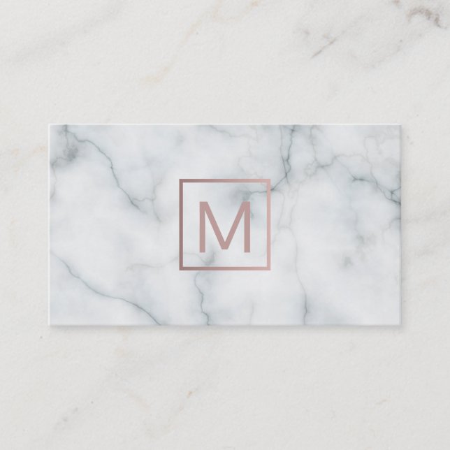 monogram rose gold on black and white marble business card (Front)