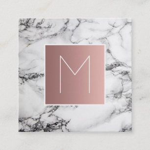 monogram rose gold on black and white marble square business card