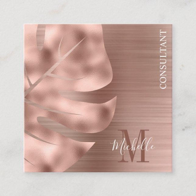 Monogram Rose Gold Palm Leaf Brushed Metal Square Business Card (Front)
