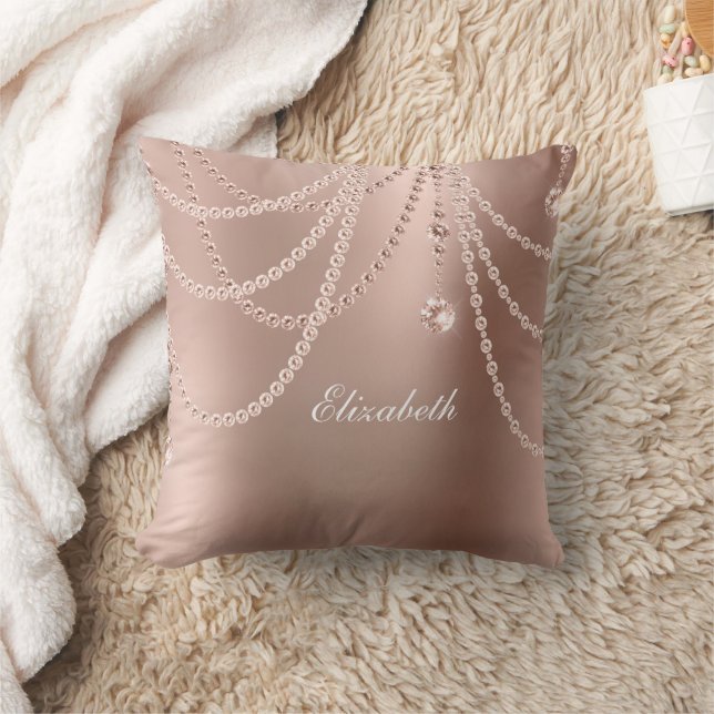 Monogram Rose Gold Pearls Diamonds Bling Glam Cushion (Blanket)
