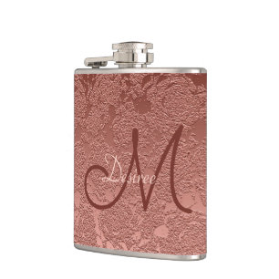 Monogram Rose Gold Pink Floral Modern Elegant Art Hip Flask