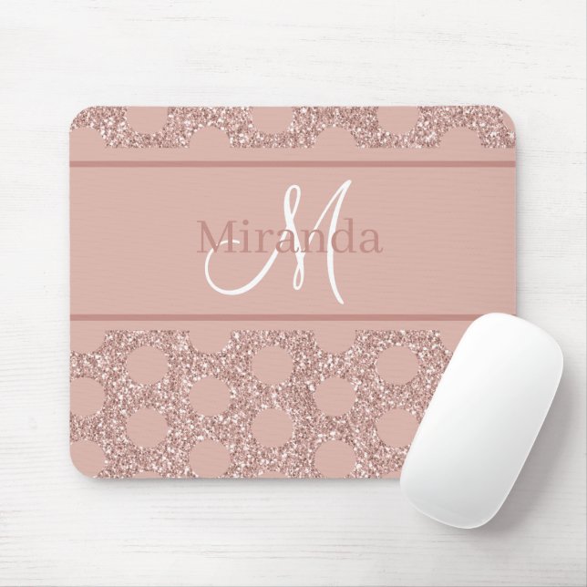 Monogram Rose Gold Pink Glitter Girly Polka Dot Mouse Pad (With Mouse)