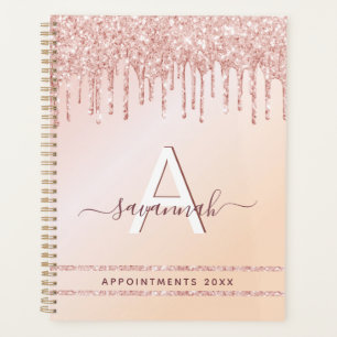 Monogram rose gold pink glitter planner