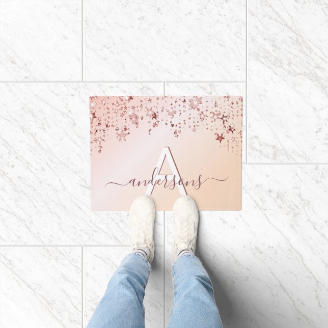 Monogram rose gold pink stars modern elegant doormat (Indoor)