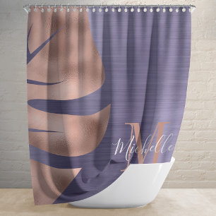 Monogram Rose Gold Purple Brushed Metal Palm Leaf Shower Curtain