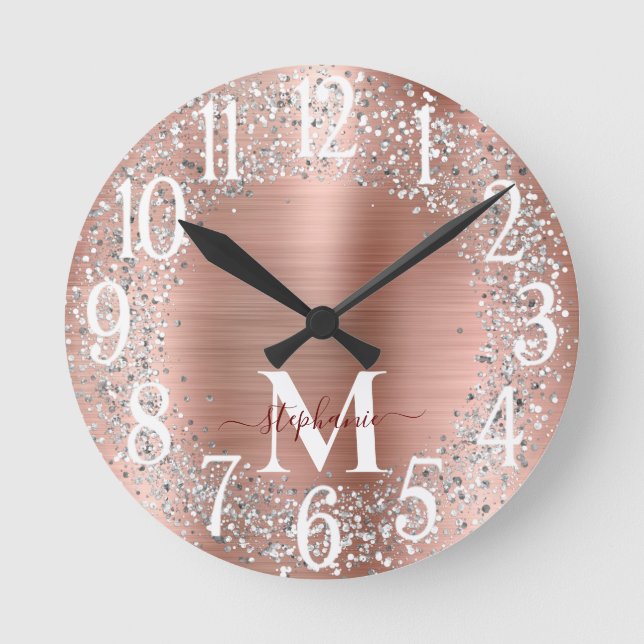 Monogram Rose Gold Silver Glitter Glam Round Clock (Front)