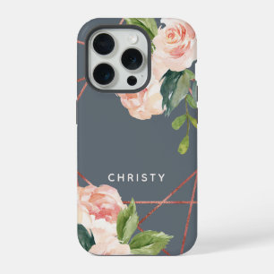 Monogram Rose Gold Watercolor Floral Dusty Blue iPhone 15 Pro Case