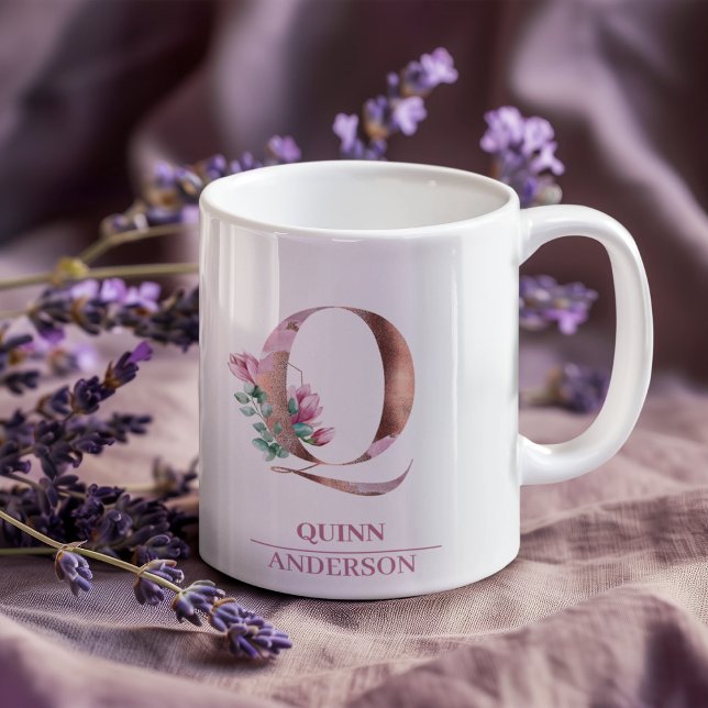 Monogram Rose Gold Watercolor Flower Letter Q Coffee Mug (Creator Uploaded)
