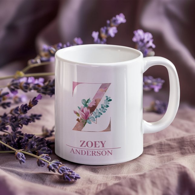 Monogram Rose Gold Watercolor Flower Letter Z Coffee Mug (Creator Uploaded)