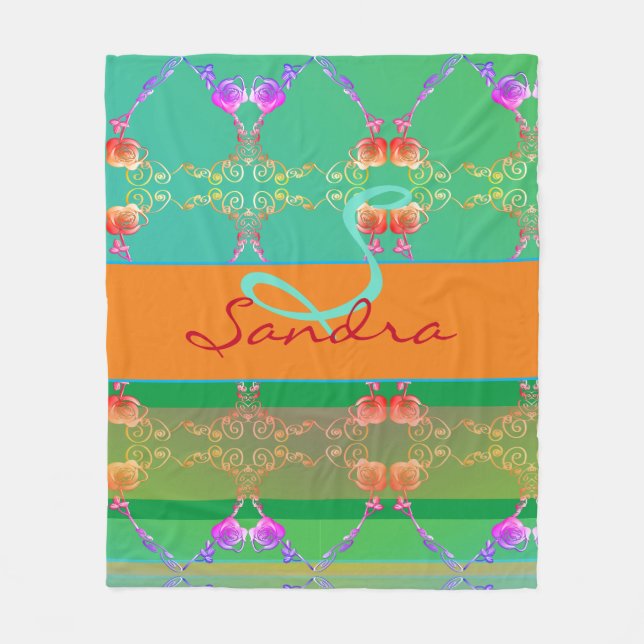Monogram Rose Heart Apricot teal and Moss Fleece Blanket (Front)