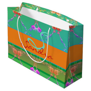 Monogram Rose Heart Apricot teal and Moss  Large Gift Bag