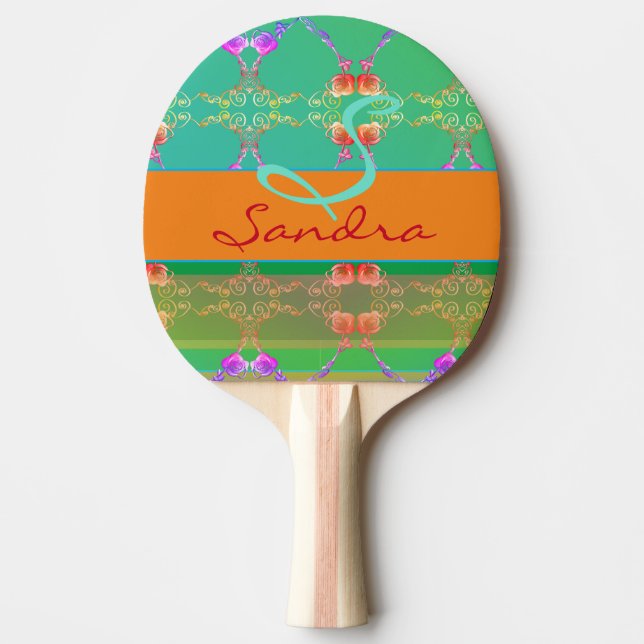 Monogram Rose Heart Apricot teal and Moss   Ping Pong Paddle (Front)
