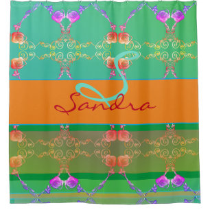 Monogram Rose Heart Apricot teal and Moss  Shower Curtain