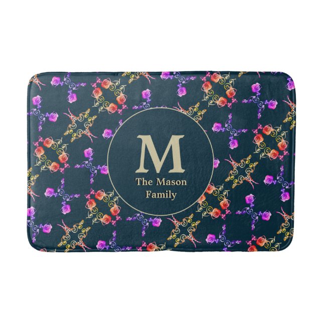 Monogram Rose Heart Pattern on Dark Blue Bath Mat (Front)