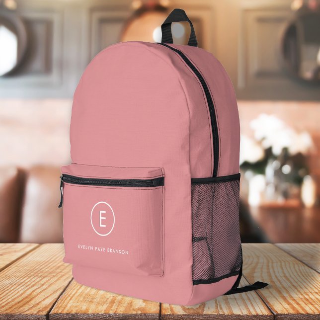 Monogram Rose Pink Feminine Girly Minimal Initial Printed Backpack (Creator Uploaded)
