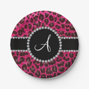 Monogram rose pink glitter leopard paper plate