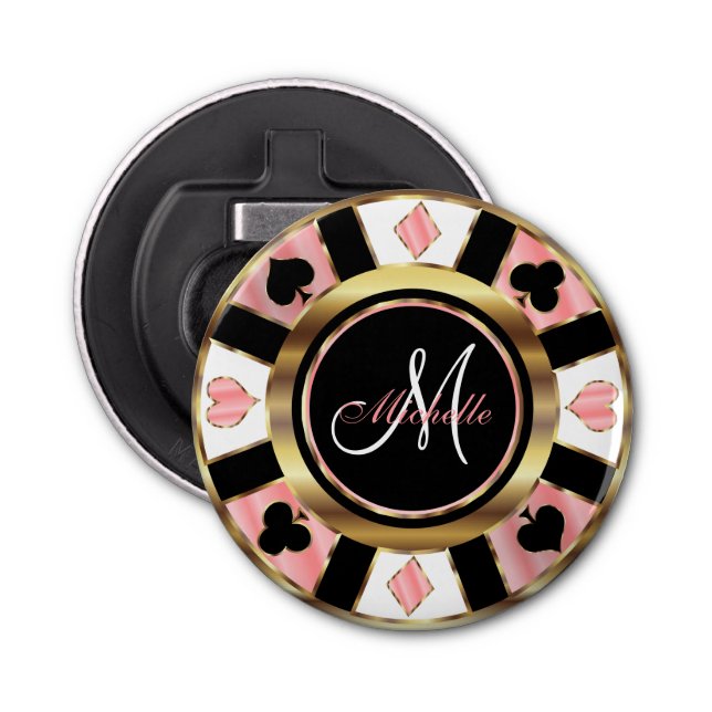 Monogram  Rose Poker Chip Design  Bottle Opener (Front)