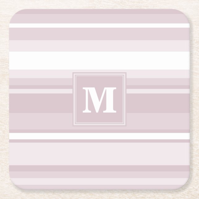 Monogram rose quartz stripes square paper coaster (Front)