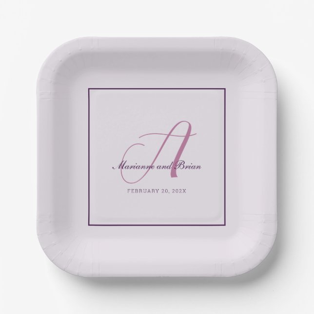 Monogram Rose Violet, Lavender, and Alice Purple Paper Plate (Front)