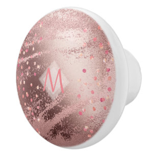 Monogram ROSEGOLD Metallic Foil Confetti Look Ceramic Knob