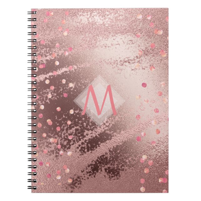 Monogram ROSEGOLD Metallic Foil Confetti Look Notebook (Front)