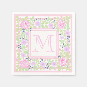 Monogram Roses Clematis Blueberry Paper Napkins