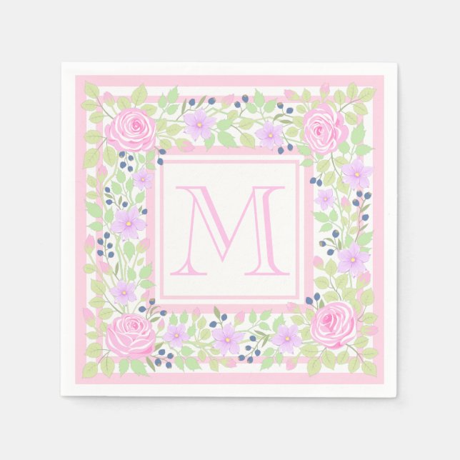 Monogram Roses Clematis Blueberry Paper Napkins (Front)