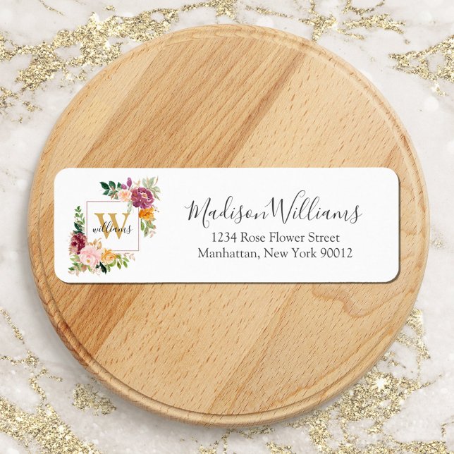 Monogram Roses Gold Flower Floral Return Address Label (In situ)