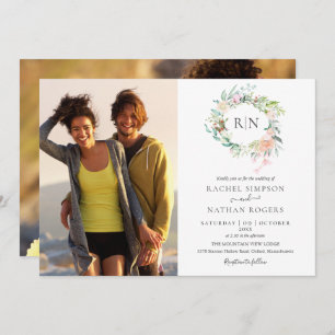 Monogram Roses Greenery Floral 2 Photo Wedding Invitation