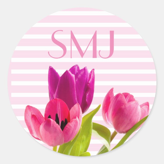 Monogram Round Floral with Pink Tulips Sticker (Front)