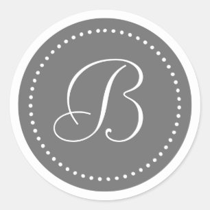 Monogram Round Grey/White Dot Border Classic Round Sticker