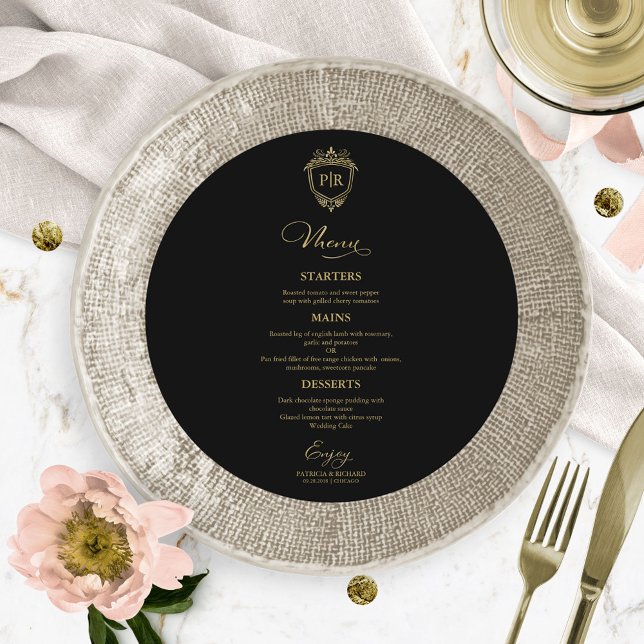 Monogram Round Wedding Menu Cards Black And Gold (Creator Uploaded)