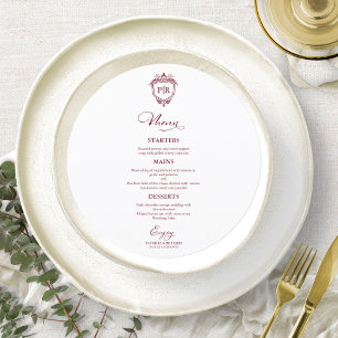 Monogram Round Wedding Menu Cards Burgundy