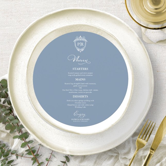 Monogram Round Wedding Menu Cards Dusty Blue (Creator Uploaded)