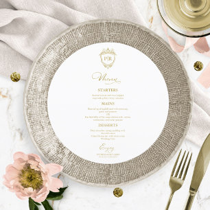 Monogram Round Wedding Menu Cards Gold
