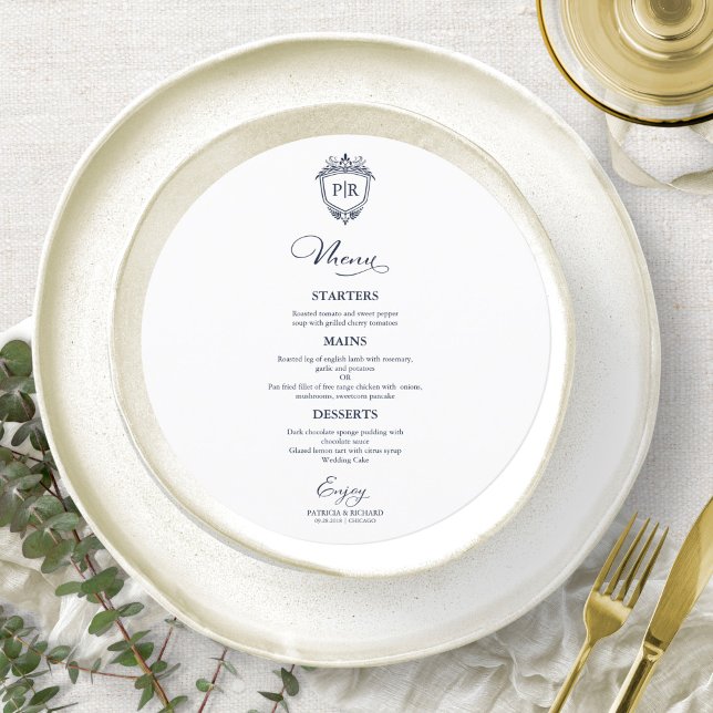 Monogram Round Wedding Menu Cards Navy Blue (Creator Uploaded)