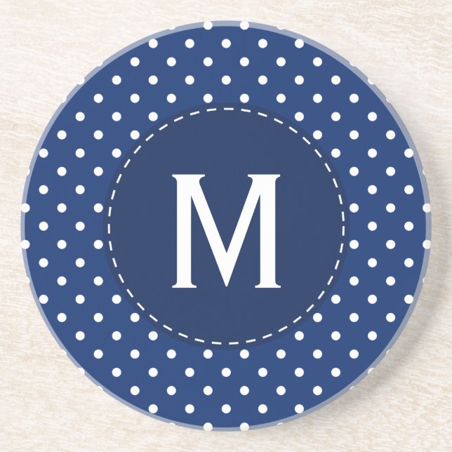 Monogram Royal Blue and White Polka Dot Pattern Coaster (Front)