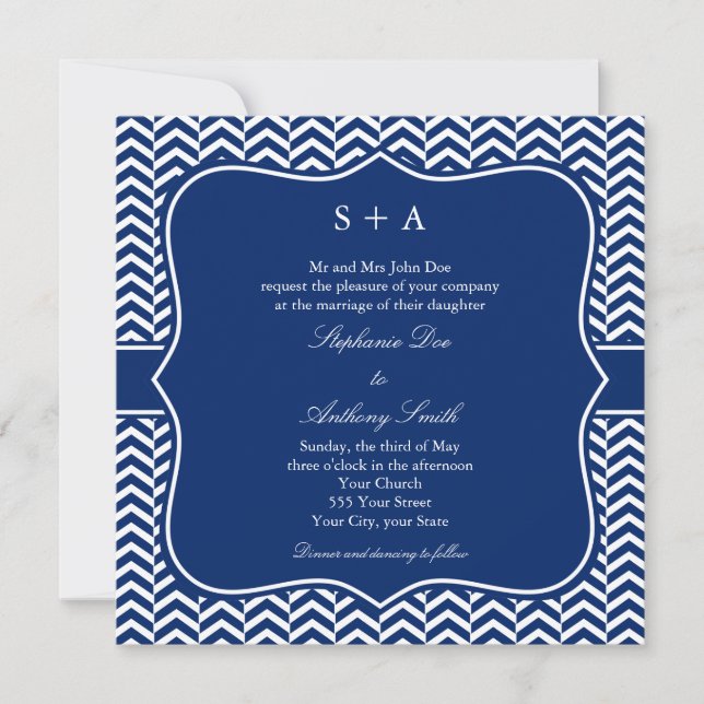 Monogram Royal Blue Chevron Pattern Wedding Invitation (Front)
