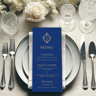 Monogram Royal Blue Faux Gold Foil Crest Wedding Menu