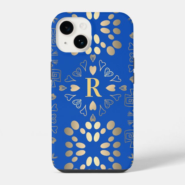 Monogram Royal Blue Gold Pattern iPhone Case (Back)