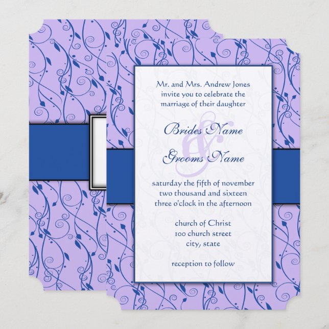 Monogram Royal Blue Lilac Swirl Wedding Invite (Front/Back)
