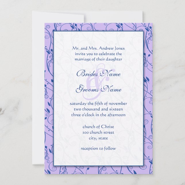 Monogram Royal Blue Lilac Swirl Wedding Invite (Front)