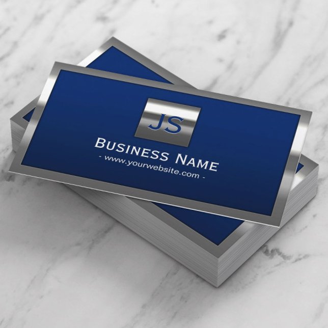Monogram Royal Blue Modern Metal Frame Business Card (Creator Uploaded)