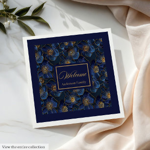 Monogram Royal Blue Napkins Gold Flowers Modern