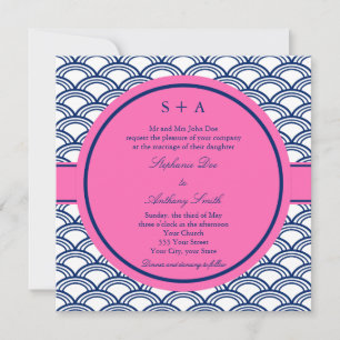 Monogram Royal Blue, Pink Seigaiha Wedding Invitation