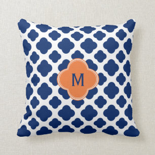 Monogram Royal Blue Quatrefoil Pattern with Orange Cushion