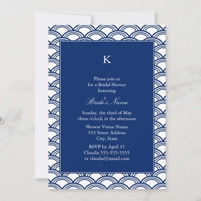 Monogram Royal Blue Seigaiha Pattern Bridal Shower Invitation (Front)