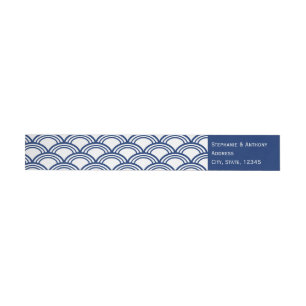 Monogram Royal Blue Seigaiha Pattern Wedding Wrap Around Label
