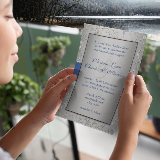 Monogram Royal Blue Silver Swirl Wedding Invitation (Creator Uploaded)